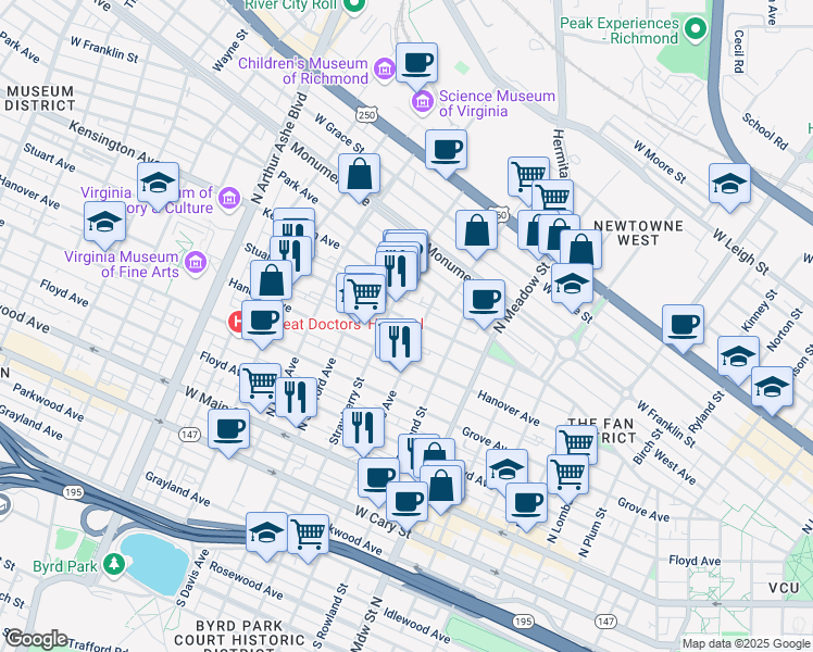 map of restaurants, bars, coffee shops, grocery stores, and more near 2211 Stuart Avenue in Richmond
