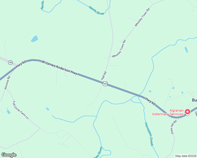 map of restaurants, bars, coffee shops, grocery stores, and more near 12097 West James Anderson Highway in Buckingham