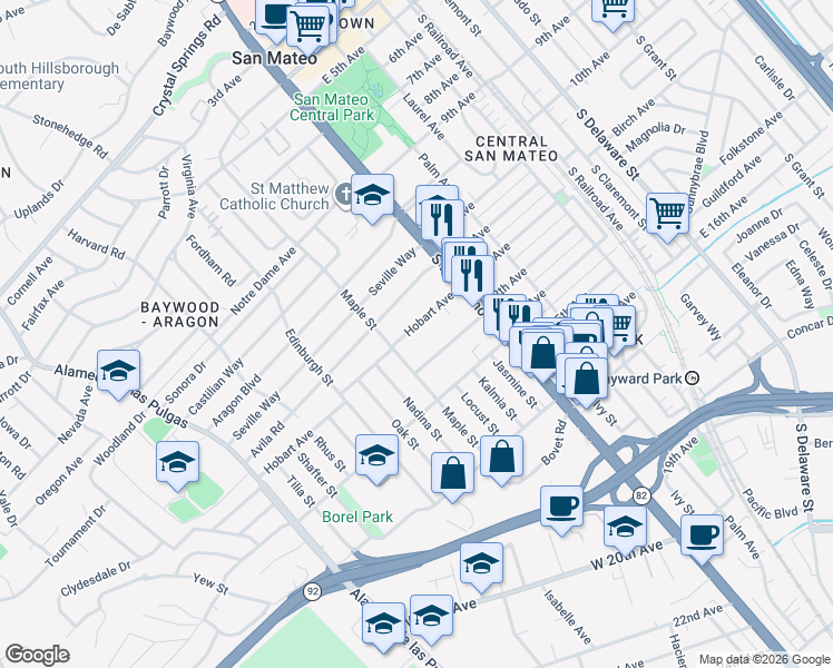 map of restaurants, bars, coffee shops, grocery stores, and more near 115 Hobart Avenue in San Mateo