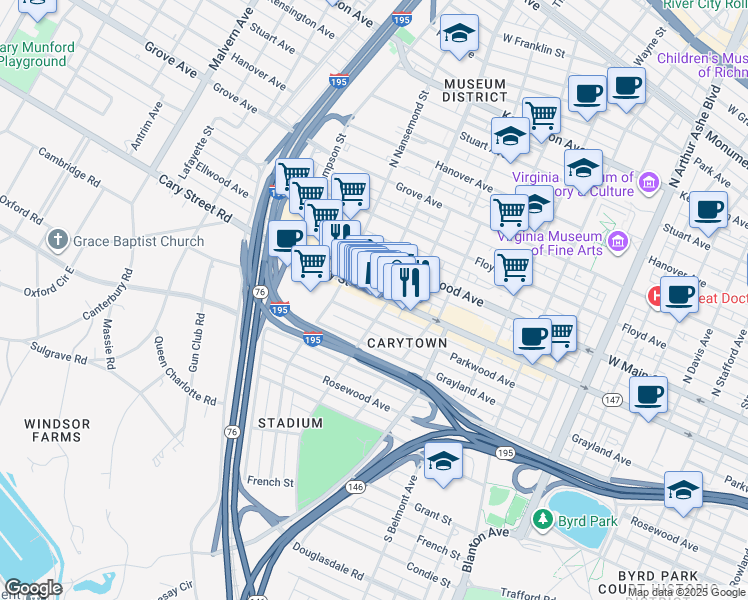 map of restaurants, bars, coffee shops, grocery stores, and more near 3406 Parkwood Avenue in Richmond
