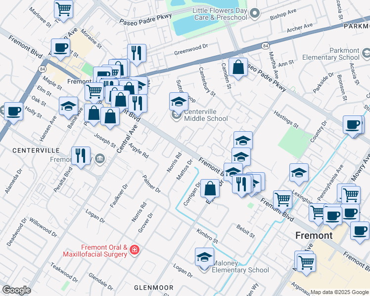 map of restaurants, bars, coffee shops, grocery stores, and more near in Fremont