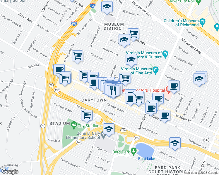 map of restaurants, bars, coffee shops, grocery stores, and more near 3153 Ellwood Avenue in Richmond