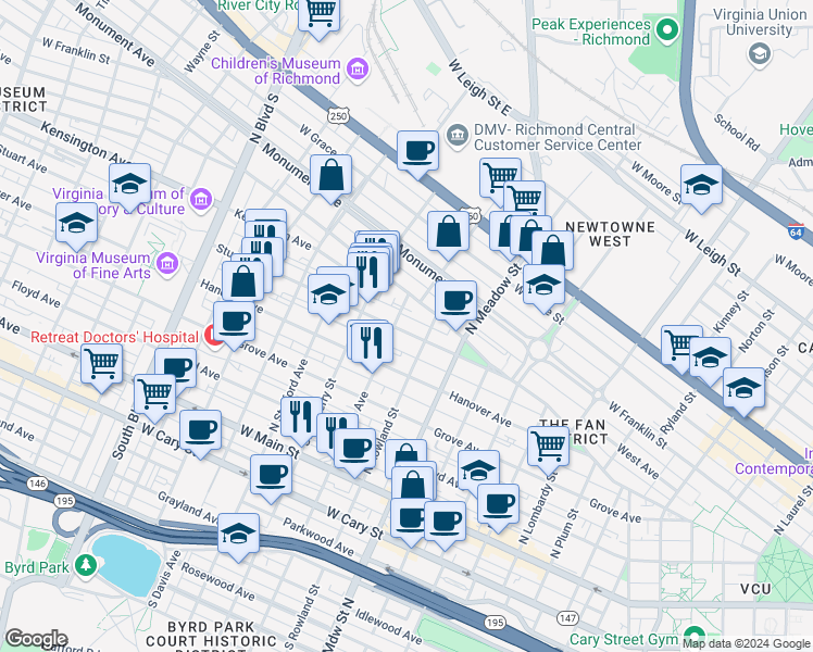 map of restaurants, bars, coffee shops, grocery stores, and more near 2116 Stuart Avenue in Richmond