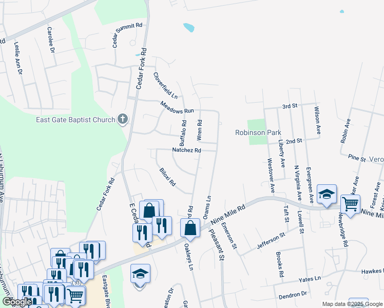 map of restaurants, bars, coffee shops, grocery stores, and more near 206 Natchez Road in Richmond