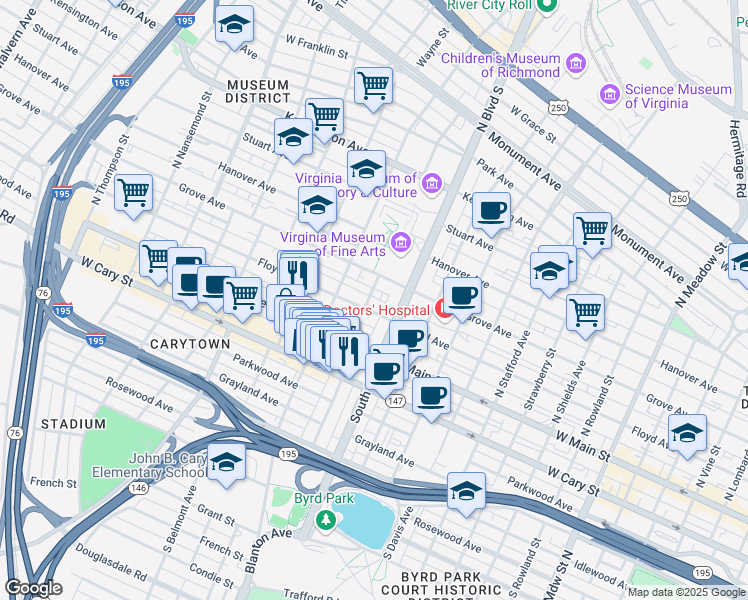 map of restaurants, bars, coffee shops, grocery stores, and more near 103 North Colonial Avenue in Richmond