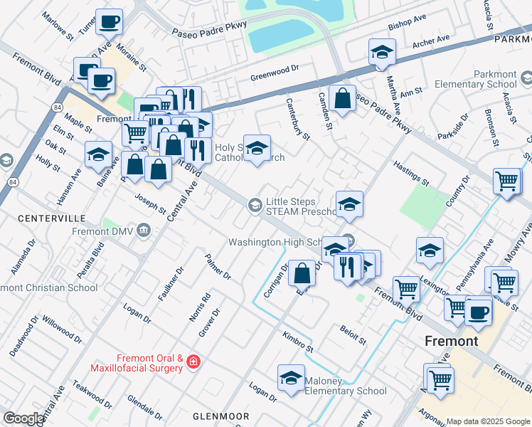 map of restaurants, bars, coffee shops, grocery stores, and more near in Fremont