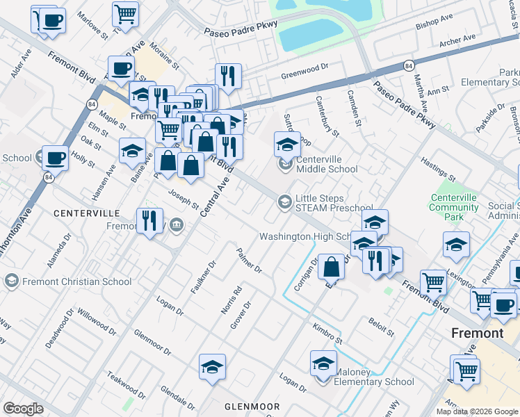 map of restaurants, bars, coffee shops, grocery stores, and more near 37836 Argyle Road in Fremont