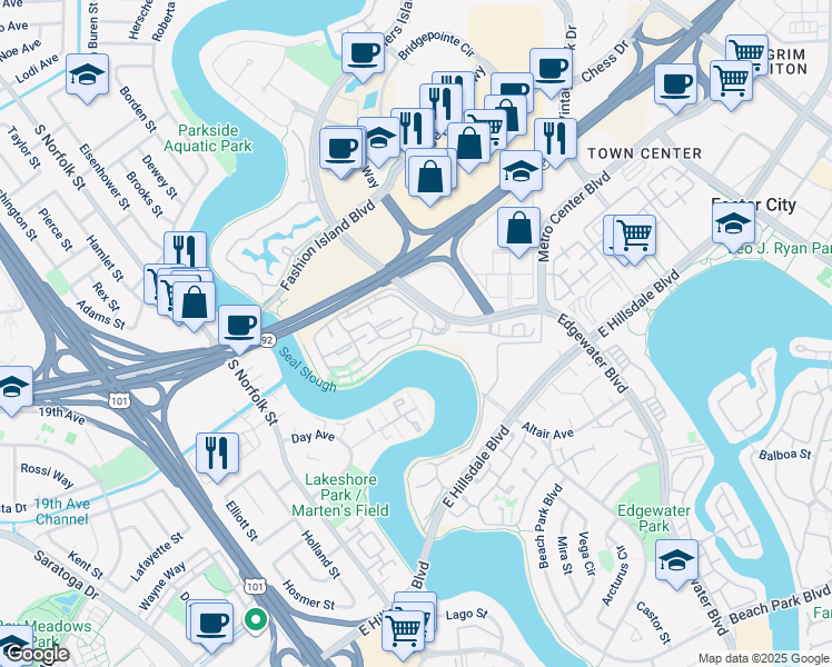 map of restaurants, bars, coffee shops, grocery stores, and more near 2250 Vista Del Mar in San Mateo