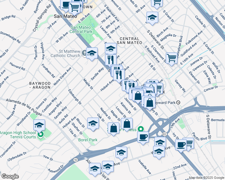 map of restaurants, bars, coffee shops, grocery stores, and more near 111 Madison Avenue in San Mateo