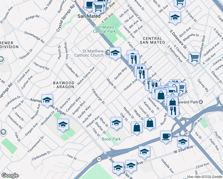 map of restaurants, bars, coffee shops, grocery stores, and more near 222 Hobart Avenue in San Mateo