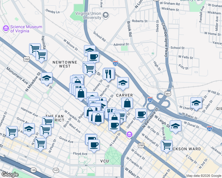 map of restaurants, bars, coffee shops, grocery stores, and more near 1208 West Clay Street in Richmond