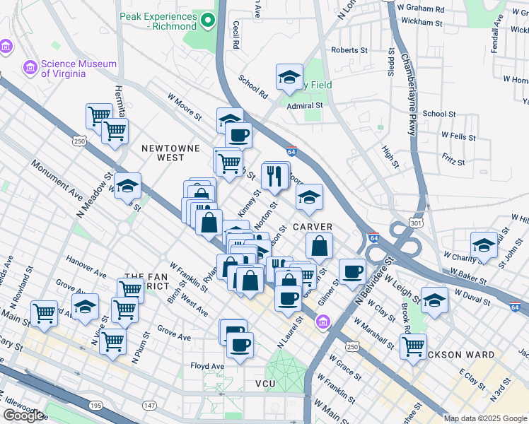 map of restaurants, bars, coffee shops, grocery stores, and more near 1208 West Clay Street in Richmond