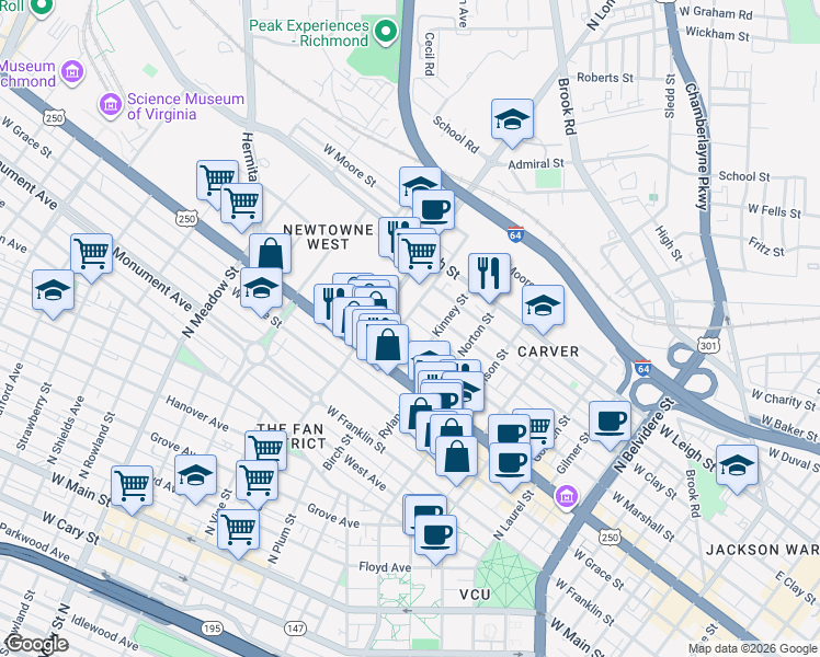 map of restaurants, bars, coffee shops, grocery stores, and more near 609 Bowe Street in Richmond