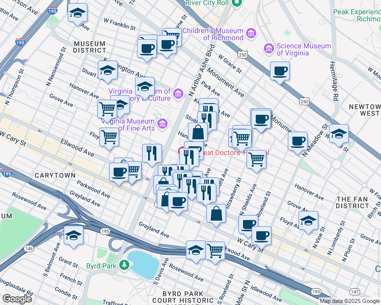 map of restaurants, bars, coffee shops, grocery stores, and more near 2525 Grove Avenue in Richmond