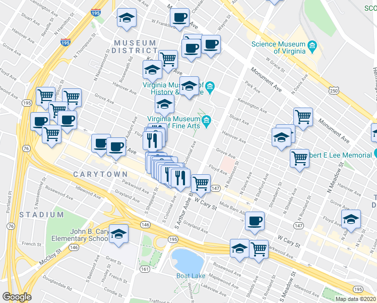 map of restaurants, bars, coffee shops, grocery stores, and more near 2821 Floyd Avenue in Richmond