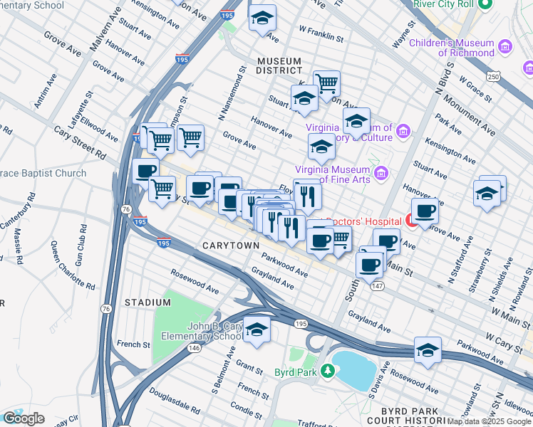 map of restaurants, bars, coffee shops, grocery stores, and more near 3144 West Cary Street in Richmond
