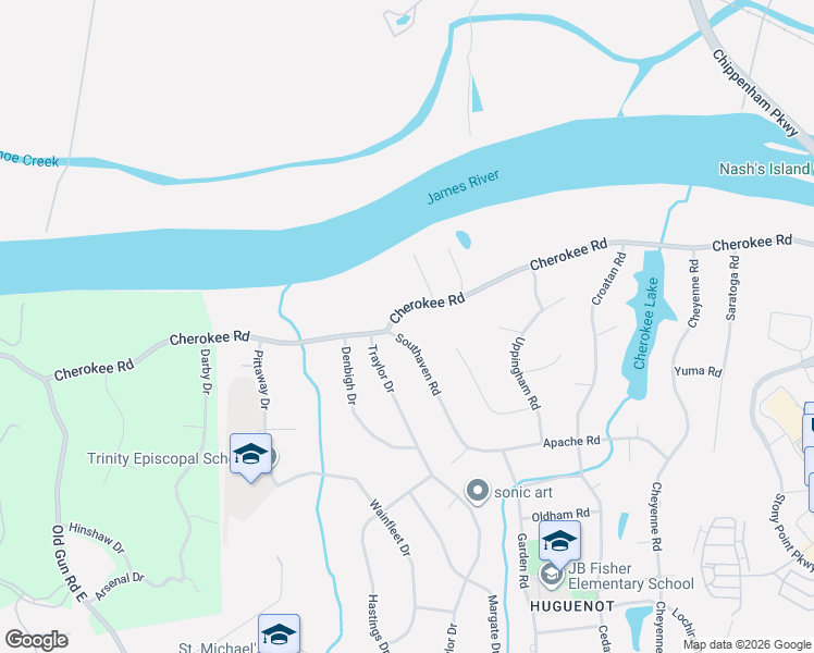 map of restaurants, bars, coffee shops, grocery stores, and more near 4310 Southaven Road in Richmond