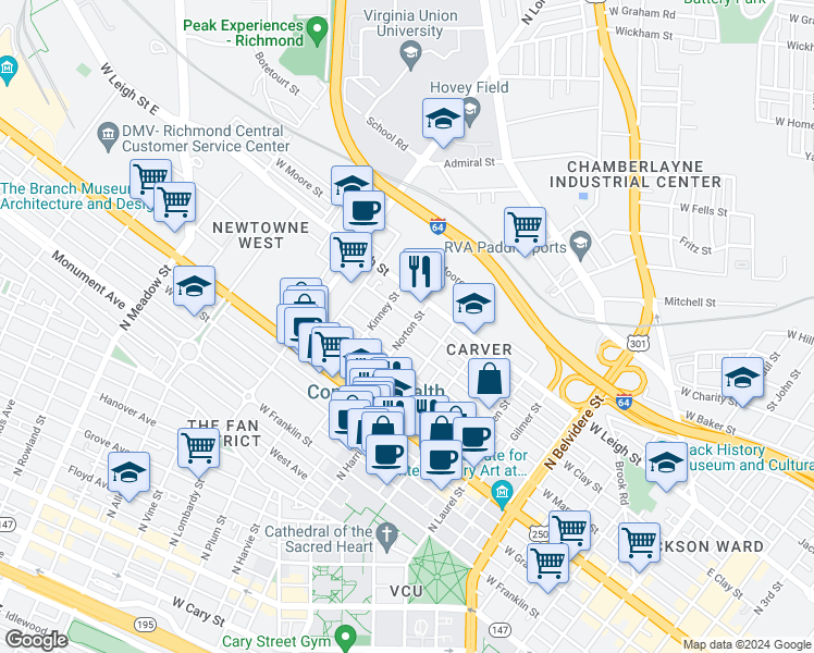 map of restaurants, bars, coffee shops, grocery stores, and more near 810 Norton Street in Richmond