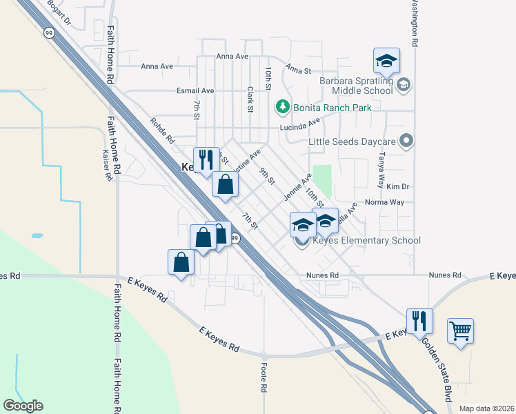 map of restaurants, bars, coffee shops, grocery stores, and more near 5574 7th Street in Keyes