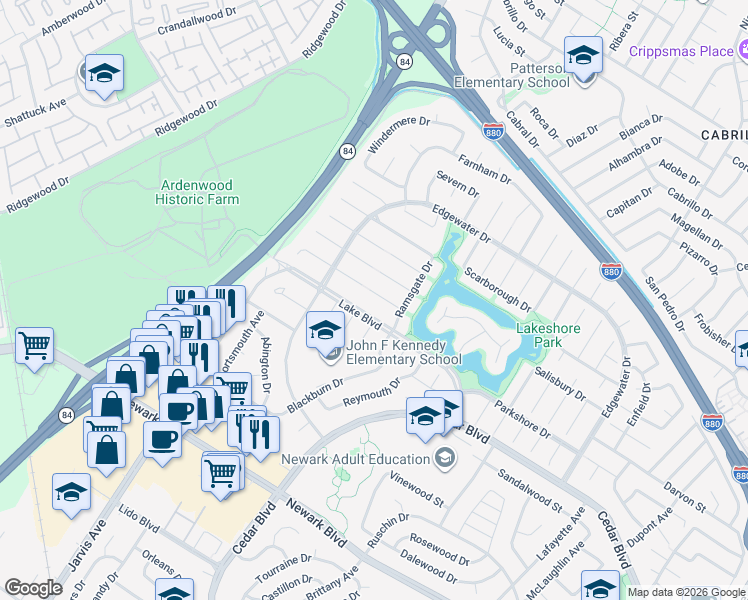 map of restaurants, bars, coffee shops, grocery stores, and more near 35420 Lake Boulevard in Newark