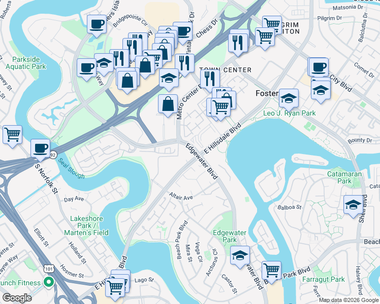 map of restaurants, bars, coffee shops, grocery stores, and more near 889 Meridian Bay Lane in Foster City