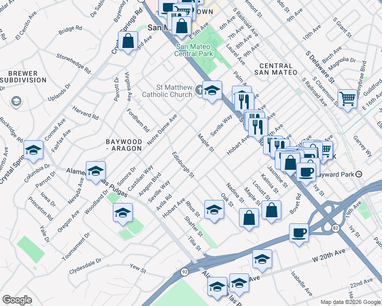 map of restaurants, bars, coffee shops, grocery stores, and more near 239 Seville Way in San Mateo