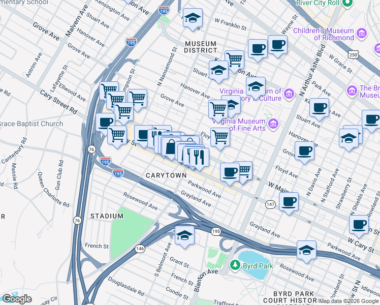 map of restaurants, bars, coffee shops, grocery stores, and more near 24 South Auburn Avenue in Richmond
