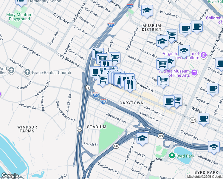 map of restaurants, bars, coffee shops, grocery stores, and more near 3439 Parkwood Avenue in Richmond