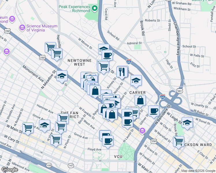 map of restaurants, bars, coffee shops, grocery stores, and more near 1313 West Clay Street in Richmond