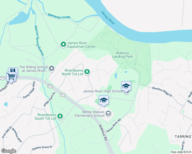 map of restaurants, bars, coffee shops, grocery stores, and more near 14024 Riverdowns North Place in Midlothian