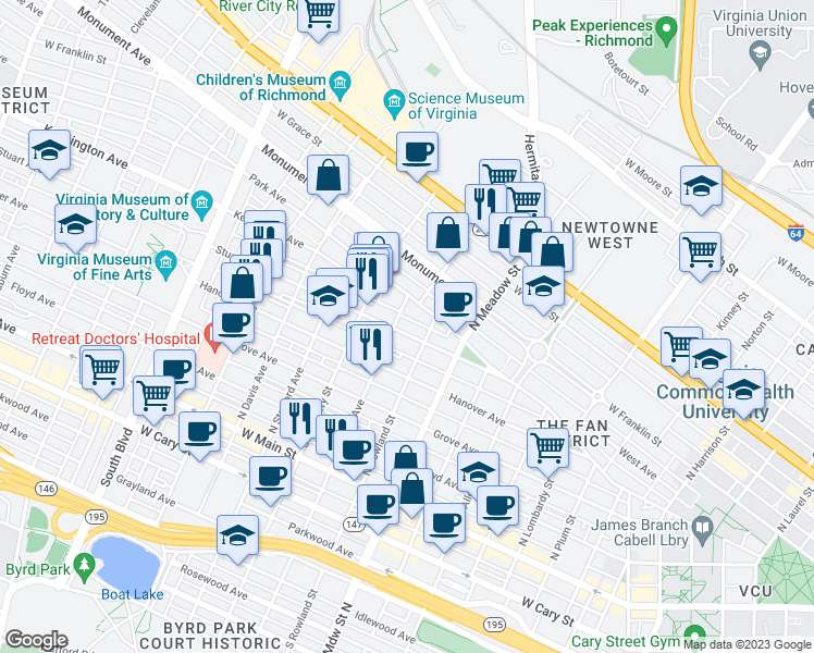 map of restaurants, bars, coffee shops, grocery stores, and more near 2116 Stuart Avenue in Richmond