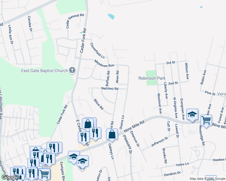 map of restaurants, bars, coffee shops, grocery stores, and more near 206 Natchez Road in Richmond