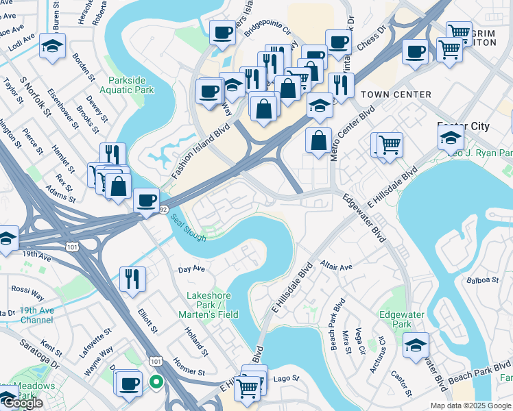 map of restaurants, bars, coffee shops, grocery stores, and more near 2355 Vista Del Mar in San Mateo