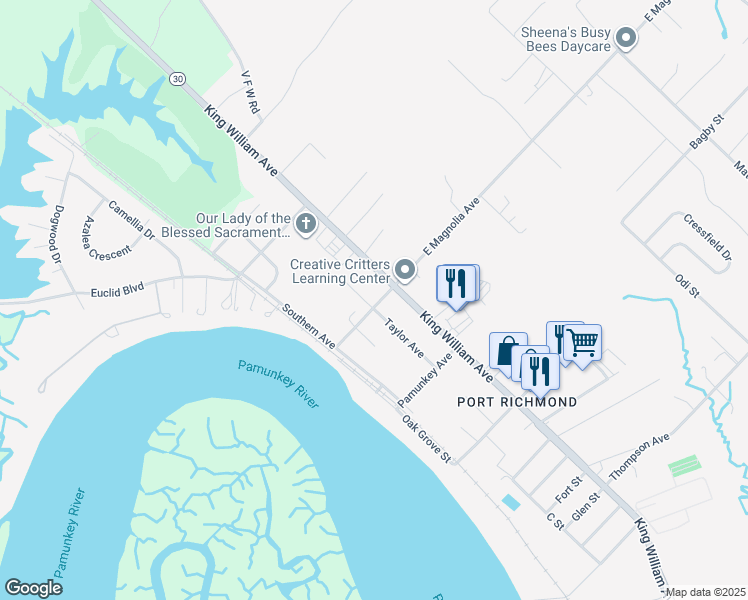 map of restaurants, bars, coffee shops, grocery stores, and more near 210 West Magnolia Drive in West Point