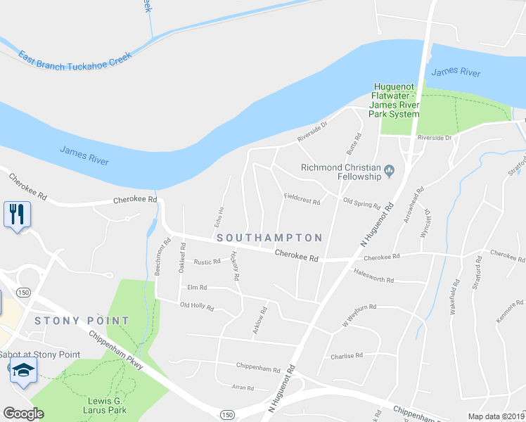 map of restaurants, bars, coffee shops, grocery stores, and more near 4300 Knob Road in Richmond