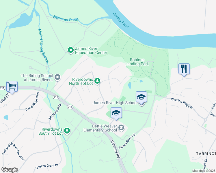 map of restaurants, bars, coffee shops, grocery stores, and more near 14024 Riverdowns North Place in Midlothian