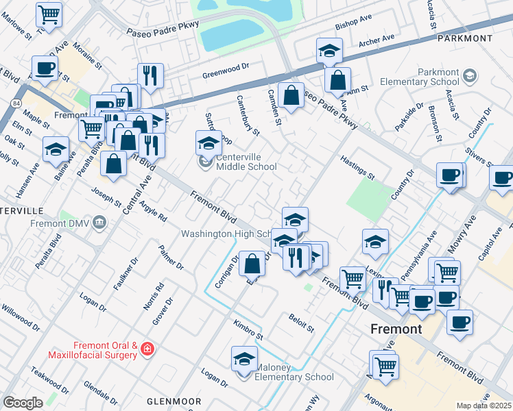 map of restaurants, bars, coffee shops, grocery stores, and more near 3833 Burton Common in Fremont