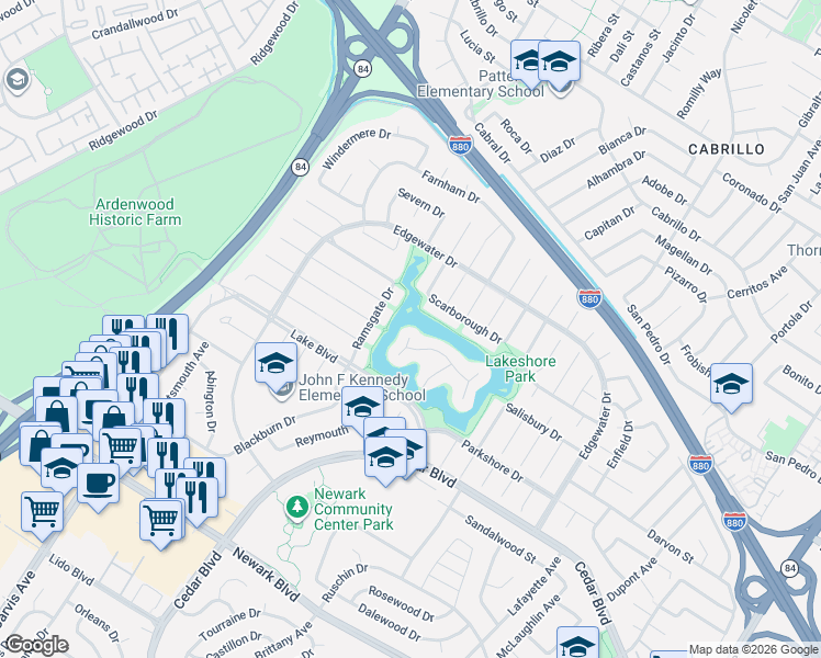 map of restaurants, bars, coffee shops, grocery stores, and more near 35623 Lundy Drive in Newark