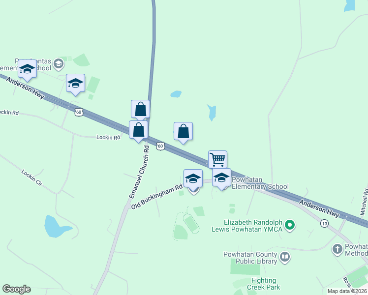 map of restaurants, bars, coffee shops, grocery stores, and more near 4140 Anderson Highway in Powhatan
