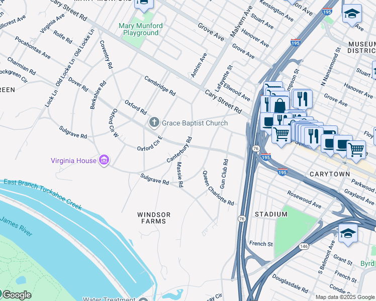 map of restaurants, bars, coffee shops, grocery stores, and more near 3909 Dover Road in Richmond