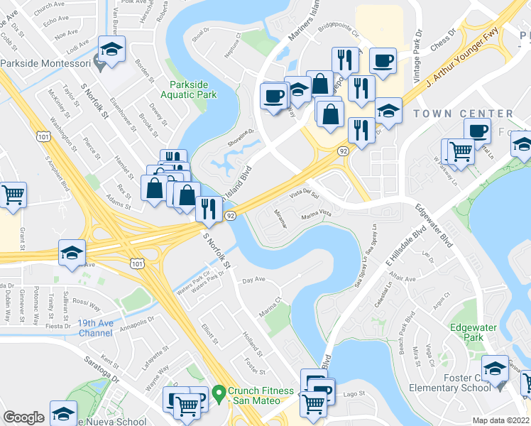map of restaurants, bars, coffee shops, grocery stores, and more near 1402 Via Vista in San Mateo