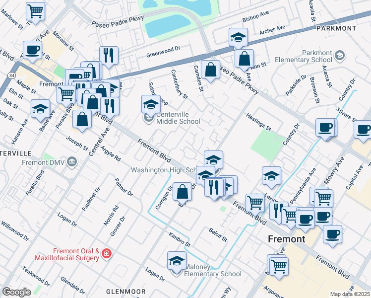 map of restaurants, bars, coffee shops, grocery stores, and more near 3833 Burton Common in Fremont