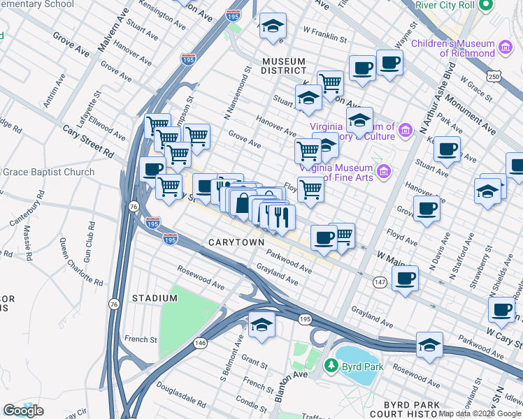 map of restaurants, bars, coffee shops, grocery stores, and more near 24 South Auburn Avenue in Richmond