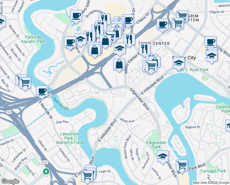 map of restaurants, bars, coffee shops, grocery stores, and more near 840 Sea Spray Lane in Foster City