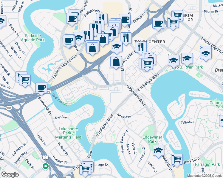 map of restaurants, bars, coffee shops, grocery stores, and more near 815 Sea Spray Lane in Foster City