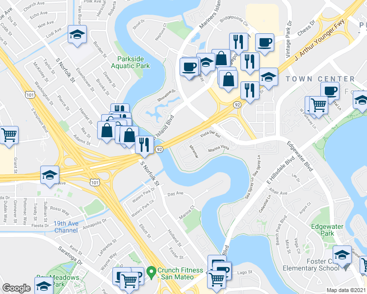 map of restaurants, bars, coffee shops, grocery stores, and more near 1402 Via Vista in San Mateo