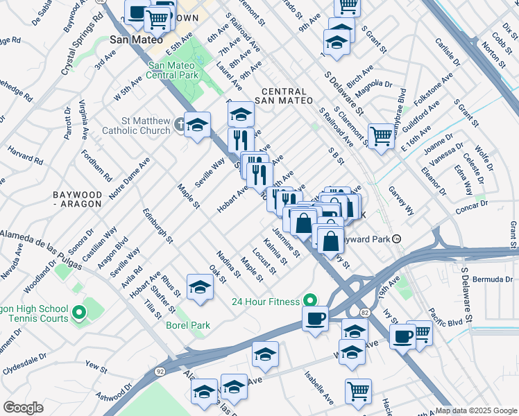 map of restaurants, bars, coffee shops, grocery stores, and more near 20 Barneson Avenue in San Mateo
