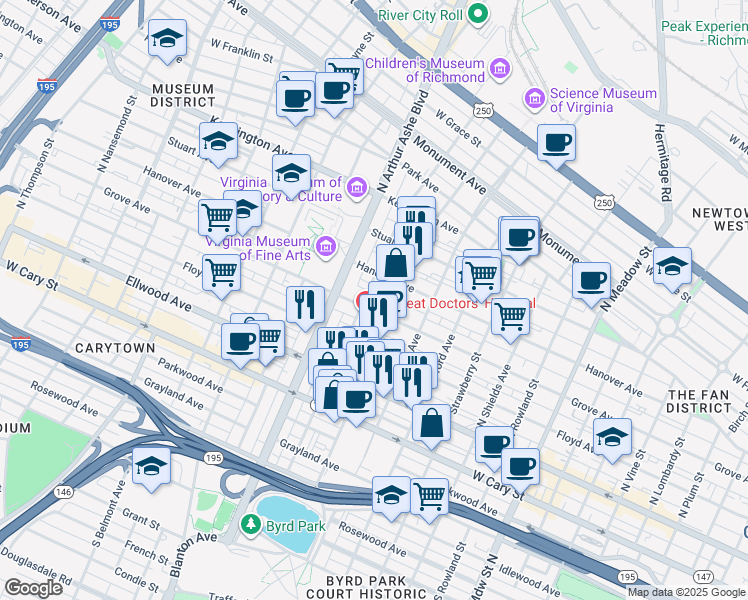 map of restaurants, bars, coffee shops, grocery stores, and more near 2525 Grove Avenue in Richmond