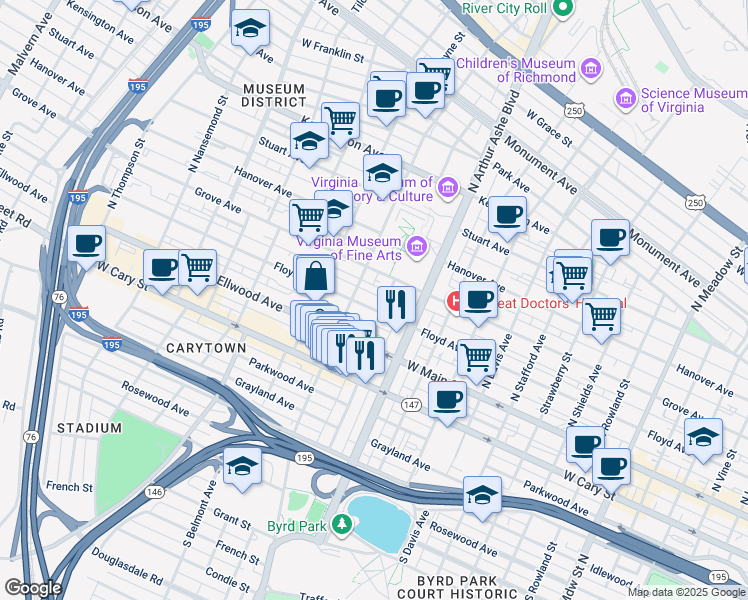map of restaurants, bars, coffee shops, grocery stores, and more near 2821 Floyd Avenue in Richmond