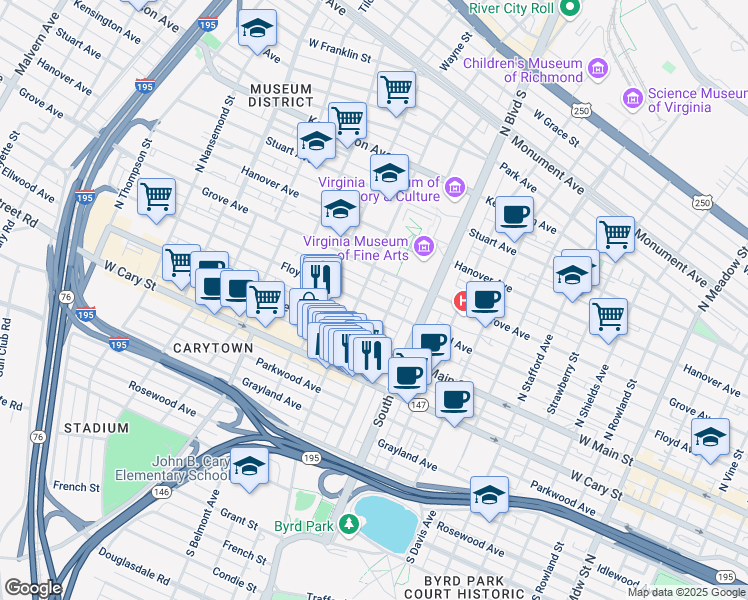 map of restaurants, bars, coffee shops, grocery stores, and more near 2821 Floyd Avenue in Richmond